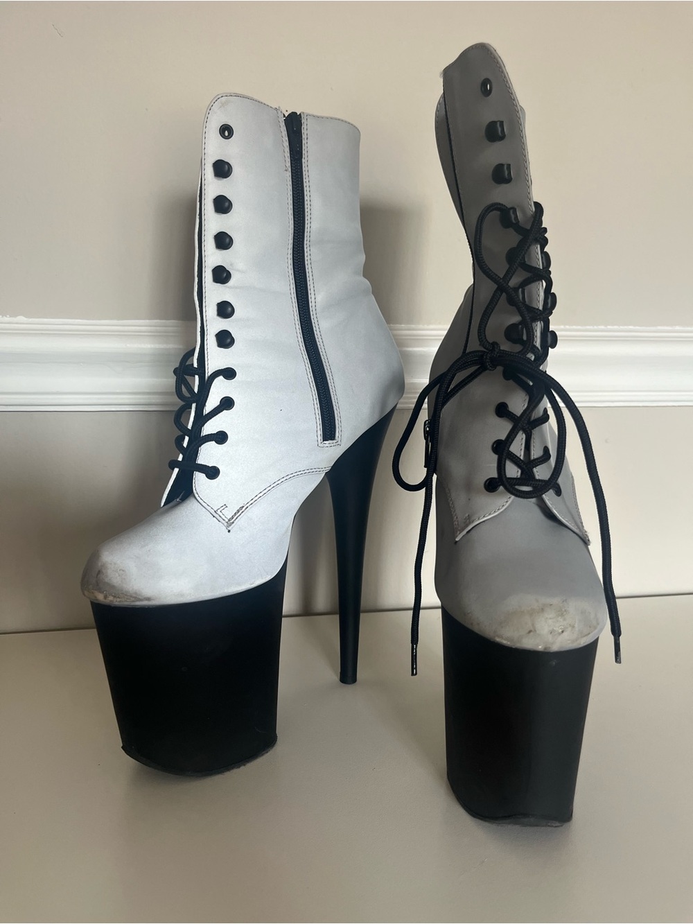 Pleaser Silver & Black Reflective Pole Ankle Boots